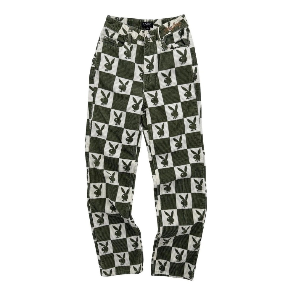Playboy PacSun Corduroy Pants Women 25 Olive Green Excellent Checkerboard Logo